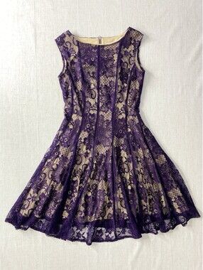db established 1962 Purple Womens 6 Lace Dress Fit Flare Coquette Nude Line Zip